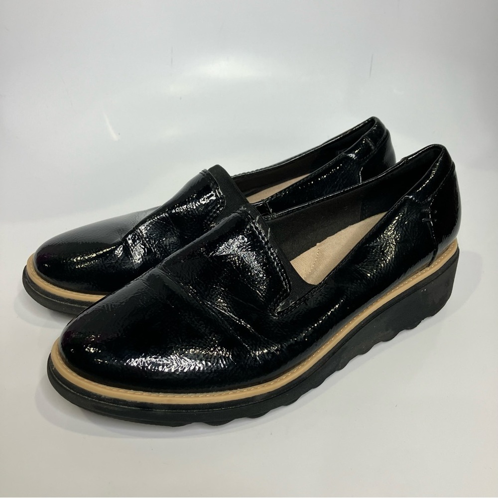 Clarks Sharon Dolly wedge Loafers black womens size 7.5 business casual